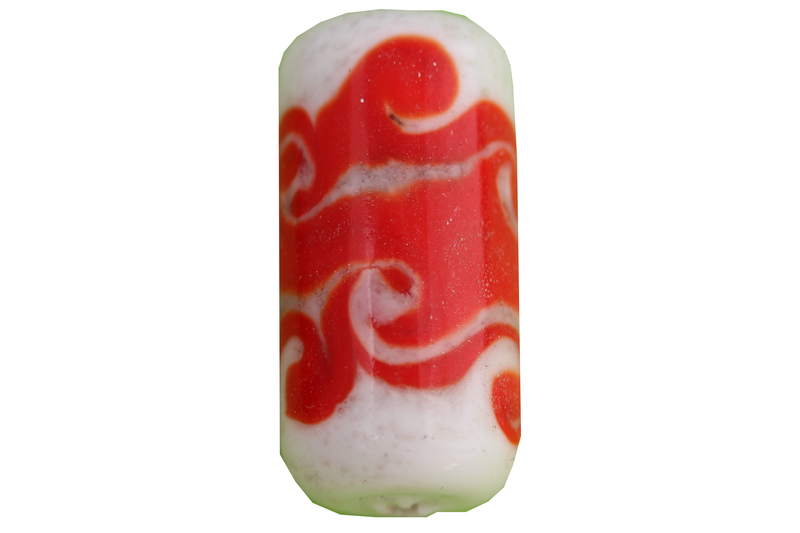 Perle en verre d'artisan - cylindre - blanc - spirales orange