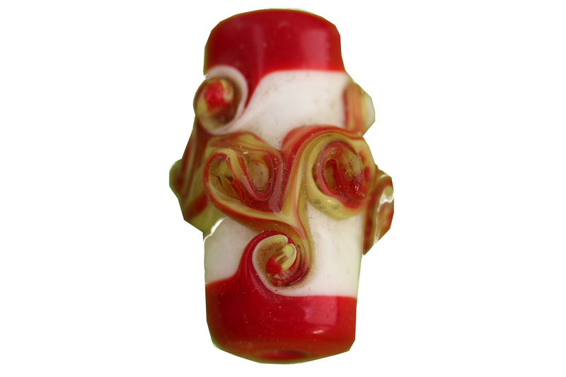 Perle en verre d'artisan - cylindre - blanc - spirales rouge / vert