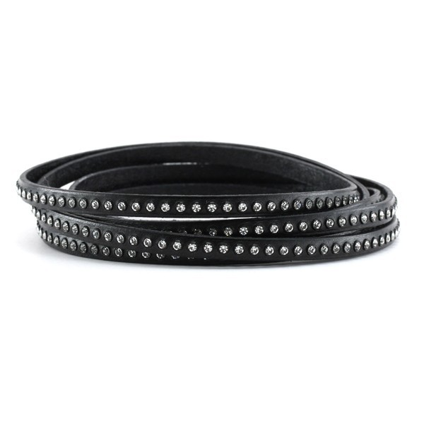Cordon cuir plat strass - 6 mm - noir - par 25 cm
