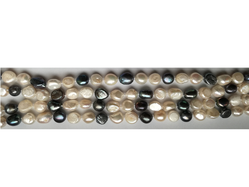 Long fil de perles de culture - grain de riz - blanc nacré / gris foncé