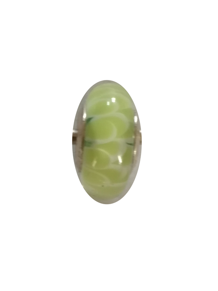 Perle en verre artisanale de Murano- roue - verte et blanc - sertie argent 925