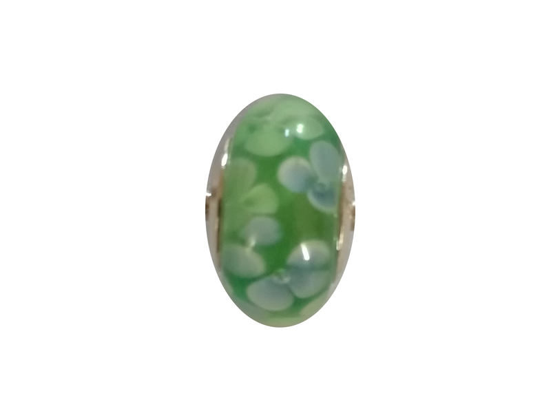 Perle en verre artisanale de Murano- roue - verte fleur bleue- sertie argent 925