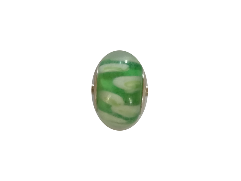Perle en verre artisanale de Murano- roue - verte tâche blanche - sertie argent 925