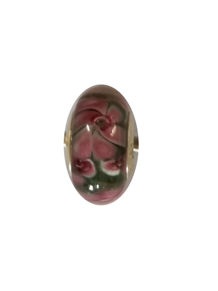 Perle en verre artisanale de Murano- roue - verte fleur rose - sertie argent 925