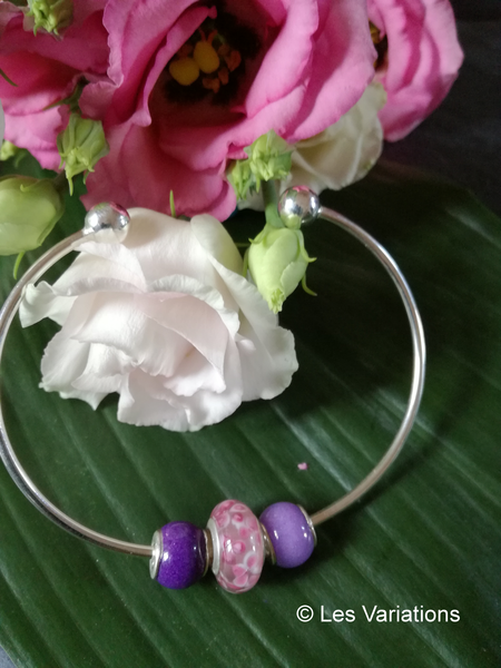 Perle en verre artisanale de Murano- roue - mauve claire - sertie argent 925