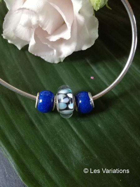 Perle en verre artisanale de Murano- roue - bleu foncé- sertie argent 925