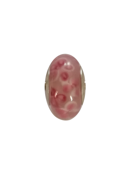 Perle en verre artisanale de Murano- roue - fleur rose et blanche - sertie argent 925