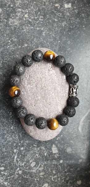Bracelet en perles de lave + oeil de tigre pour homme