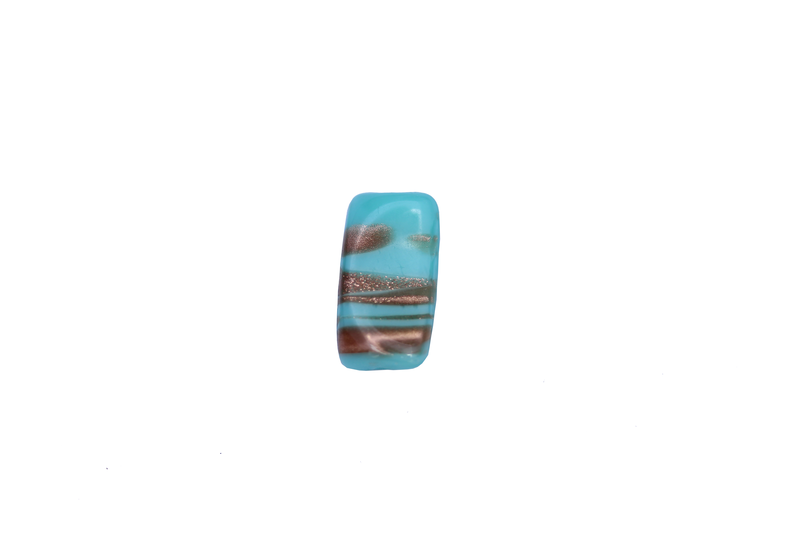 Perle en verre rectangulaire tordue - bleu turquoise - ligné doré