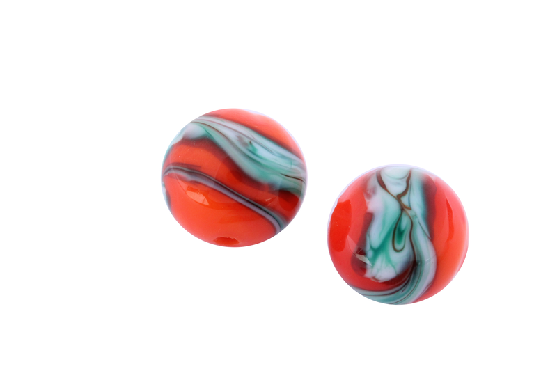 Perle en verre d'artisan -ronde - orange nuage vert
