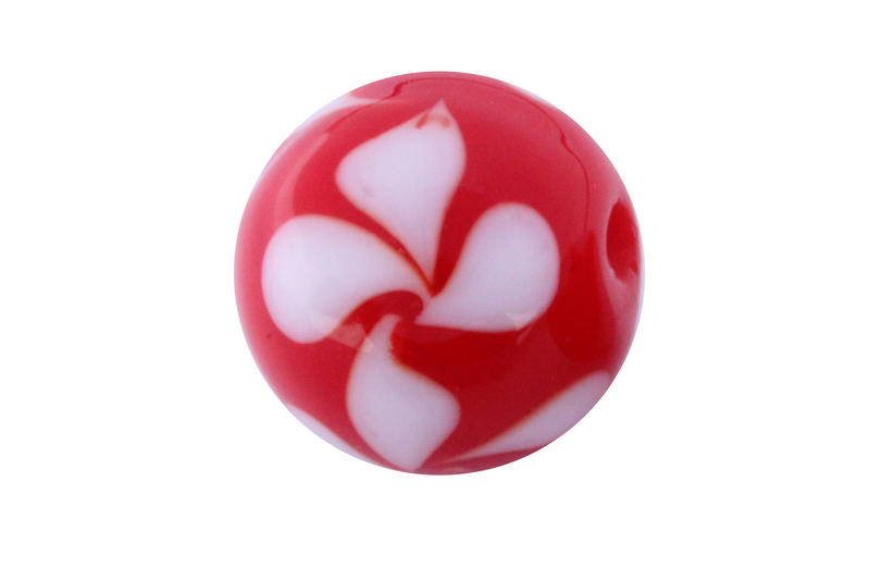 Perle en verre d'artisan -ronde - rouge spirale blanche