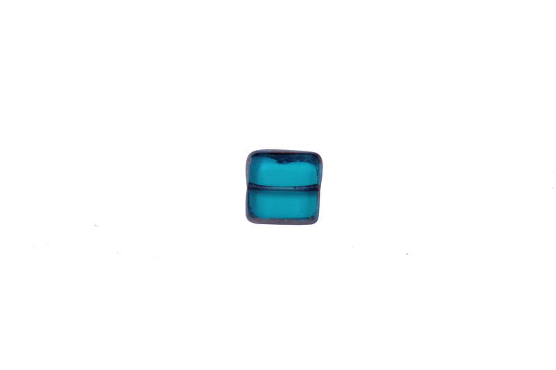 Perle en verre carrée - turquoise - tranche bronze x 4