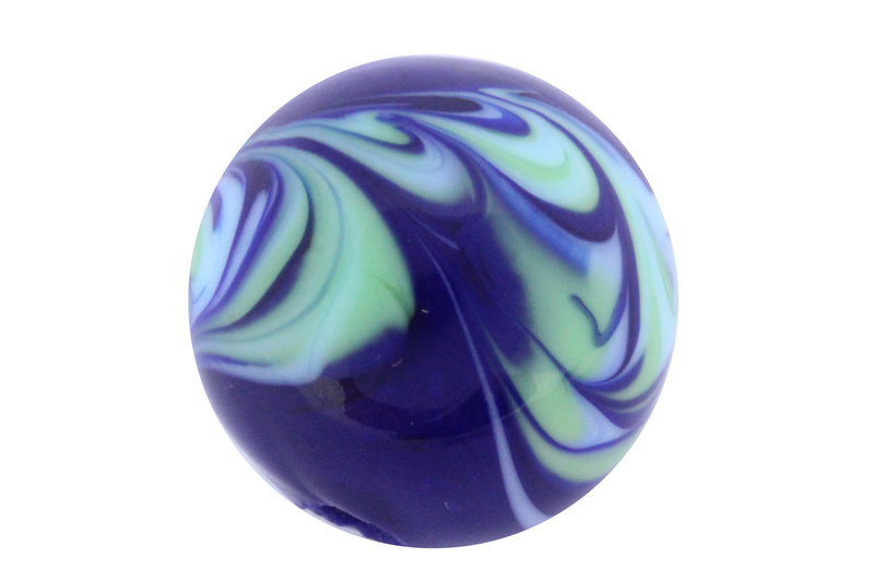 Perle en verre d'artisan -ronde - bleu - nuage vert / bleu clair