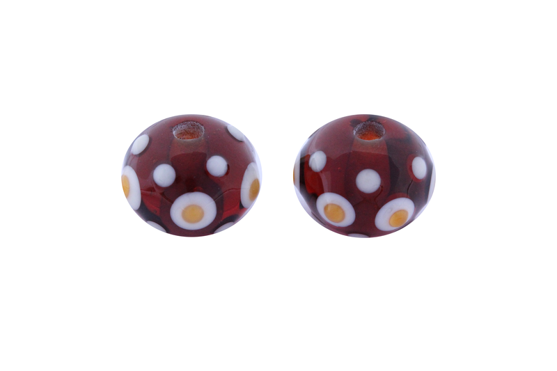 Perle en verre d'artisan - ronde - set de 2 perles - brun transparent / beige - jaune