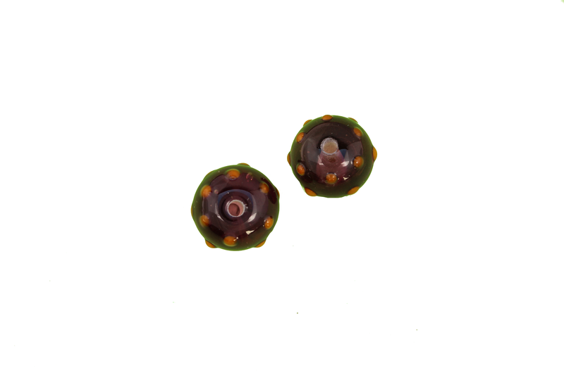 Perle en verre d'artisan - ronde - mauve / brun x 2