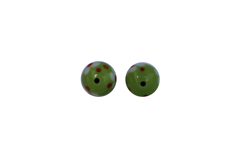 Perle en verre d'artisan - ronde - verte - fleur blanche - pois orange x 2