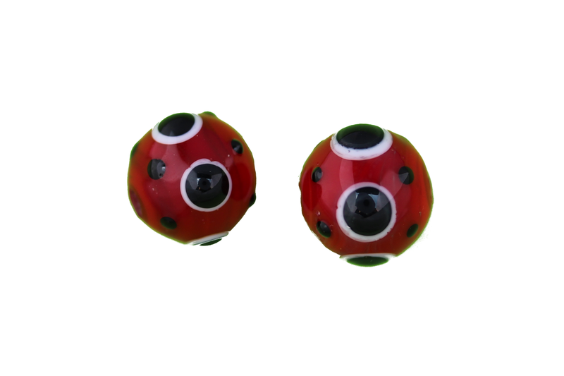 Perle en verre d'artisan - ronde - rouge - pois noir x2
