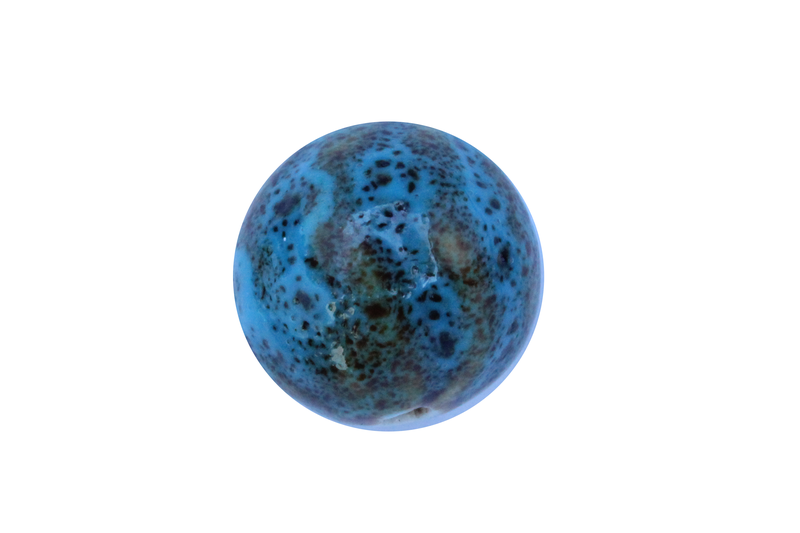 Perle en céramique - ronde - turquoise - ligné jaune - tacheté noir