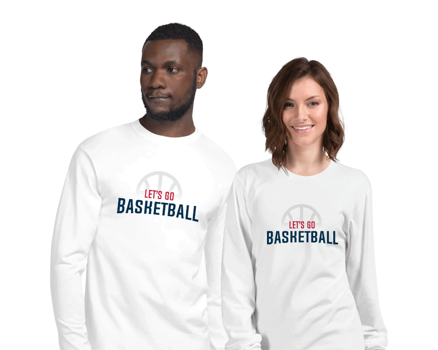 Lets Go Basketball Long Sleeve Shirt on man and woman smiling. - Lets Go Sports