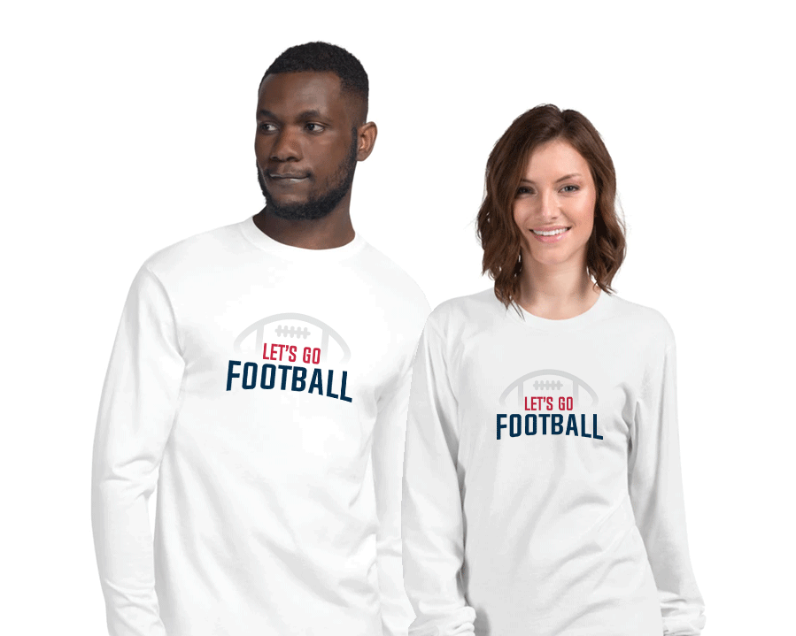 Lets Go Football Long Sleeve Shirt on man and woman smiling. - Lets Go Sports