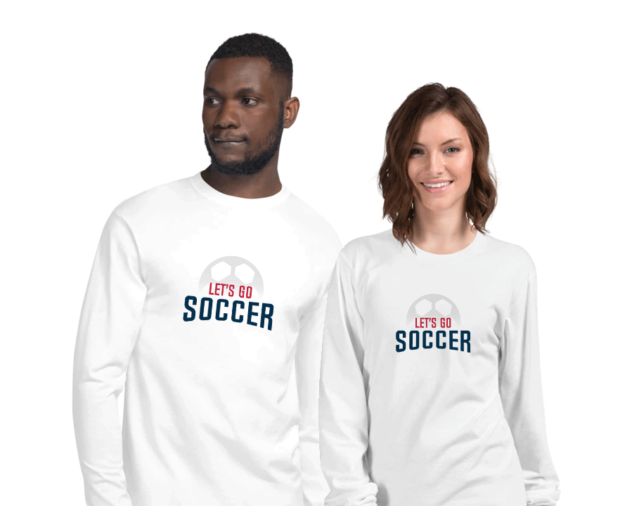 Lets Go Soccer Long Sleeve Shirt on man and woman smiling. - Lets Go Sports
