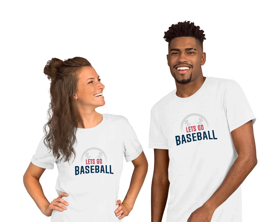 Lets Go Baseball T-shirt on man and woman smiling. - Lets Go Sports
