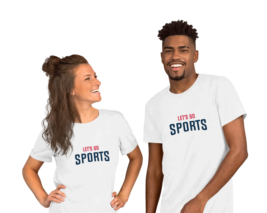 Lets Go Sports T-shirt on man and woman smiling. - Lets Go Sports