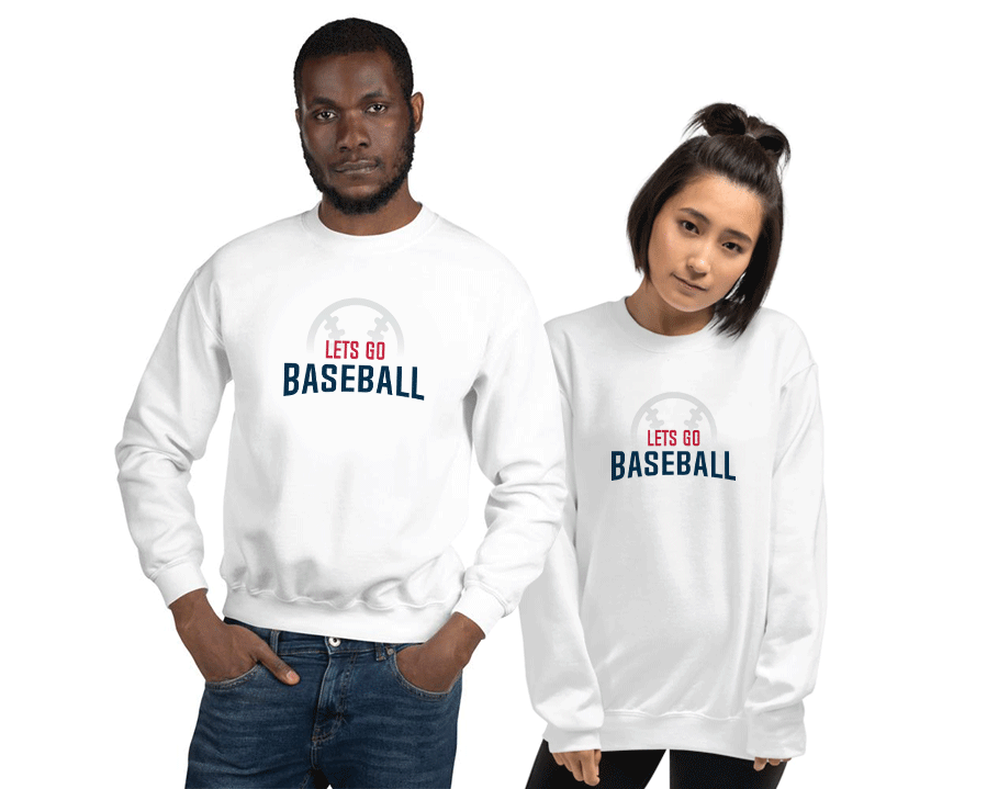 Lets Go Baseball Sweatshirt on man and woman smiling. - Lets Go Sports