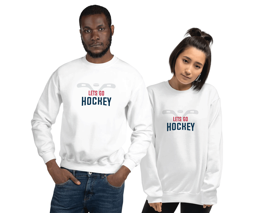 Lets Go Hockey Sweatshirt on man and woman smiling. - Lets Go Sports