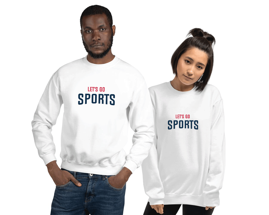 Lets Go Sports Sweatshirt on man and woman smiling. - Lets Go Sports