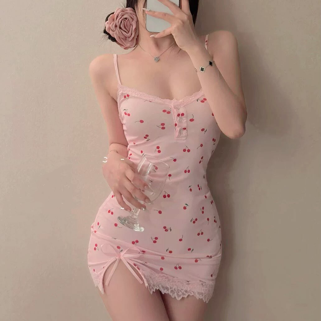 Pink cherry suspender dress 