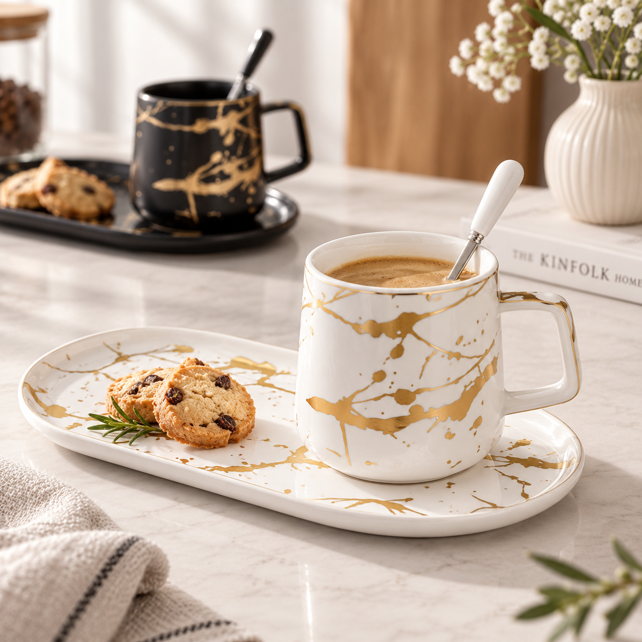 Taza marmolada con plato y cuchara