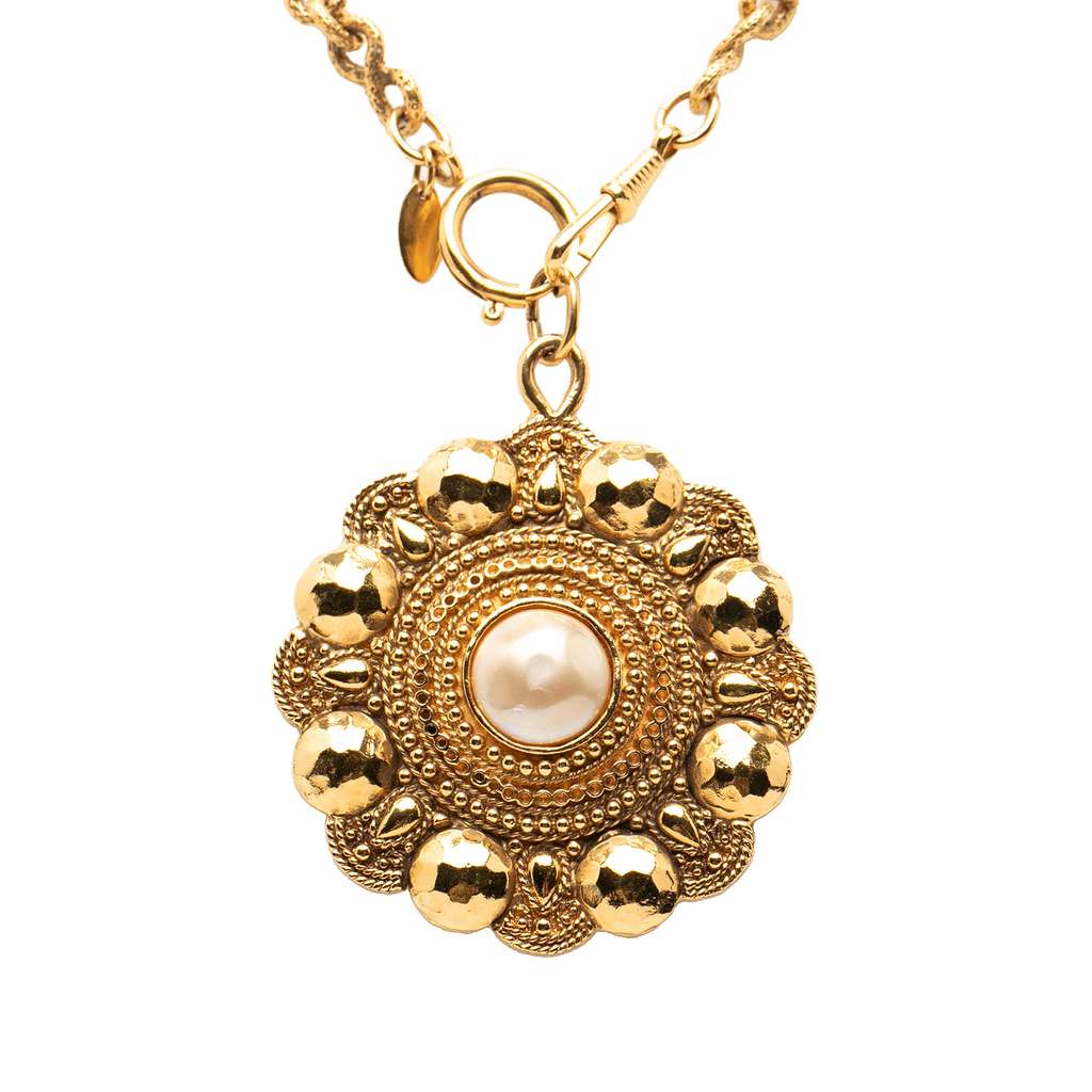 Chanel Gold Plated Faux Pearl Flower Pendant Necklace