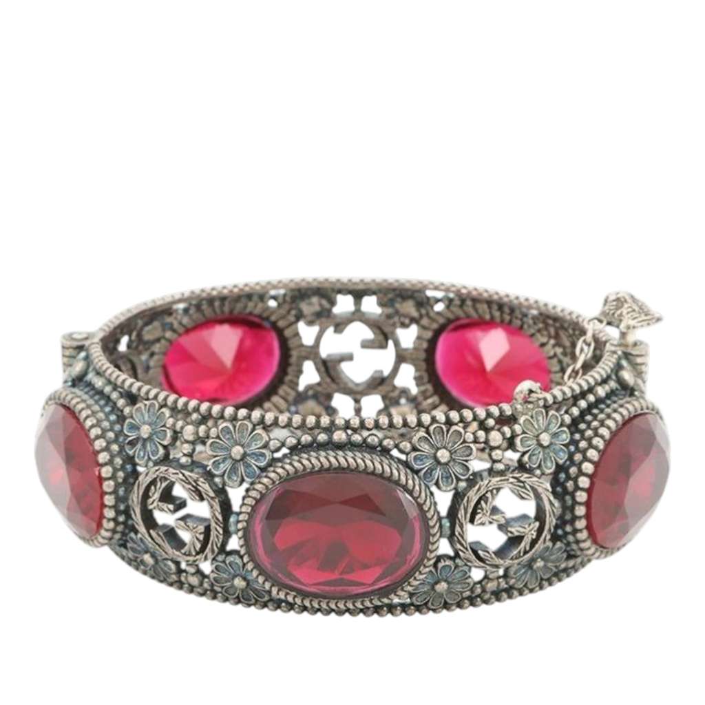 Gucci Sterling Silver and Stone Interlocking G Flower Hinged Bangle