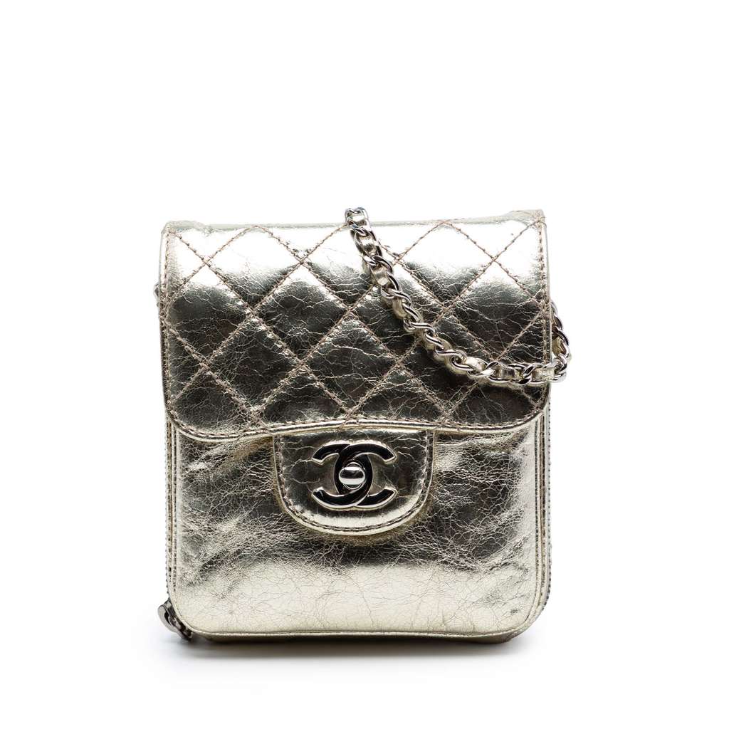 Chanel Quilted Metallic Aged Calfskin Clams Wallet on Chain