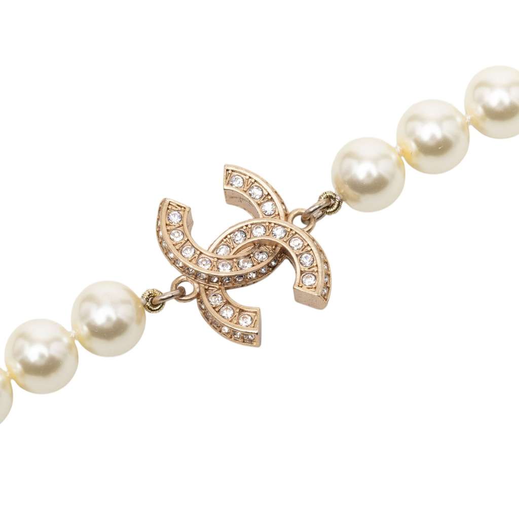 Chanel CC Gold Plated and Faux Pearl Rhinestones Long Necklace