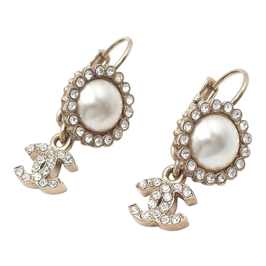 Chanel CC Gold Plated Faux Pearl Strass Clip On Earrings
