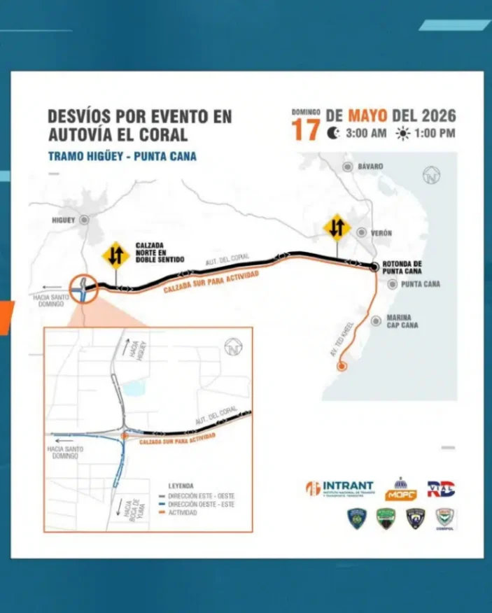 Cierre parcial de la Autovía del Coral este domingo alterará el tránsito hacia el polo turístico de Punta Cana