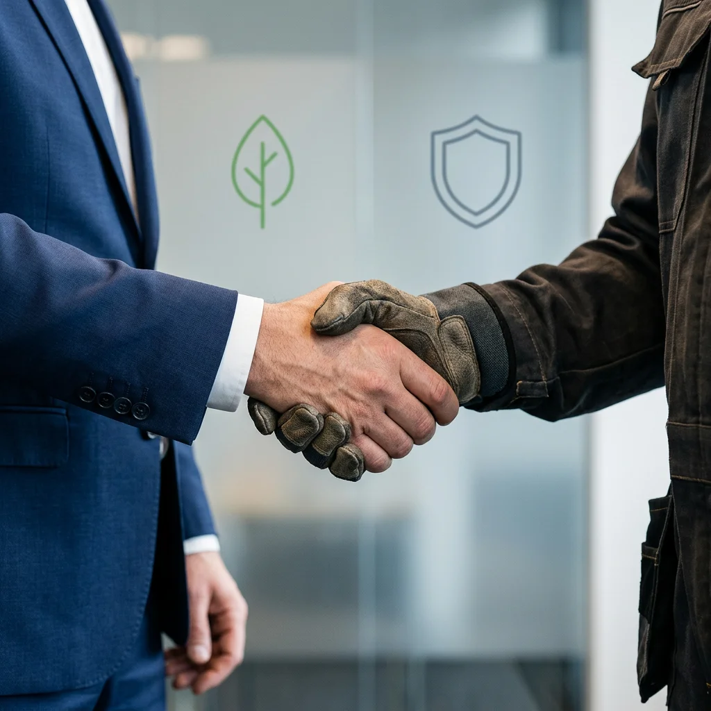 Geschäftsmann und Arbeiter besiegeln Kooperation per Handschlag vor Lieferketten-Sicherheits-Icons.