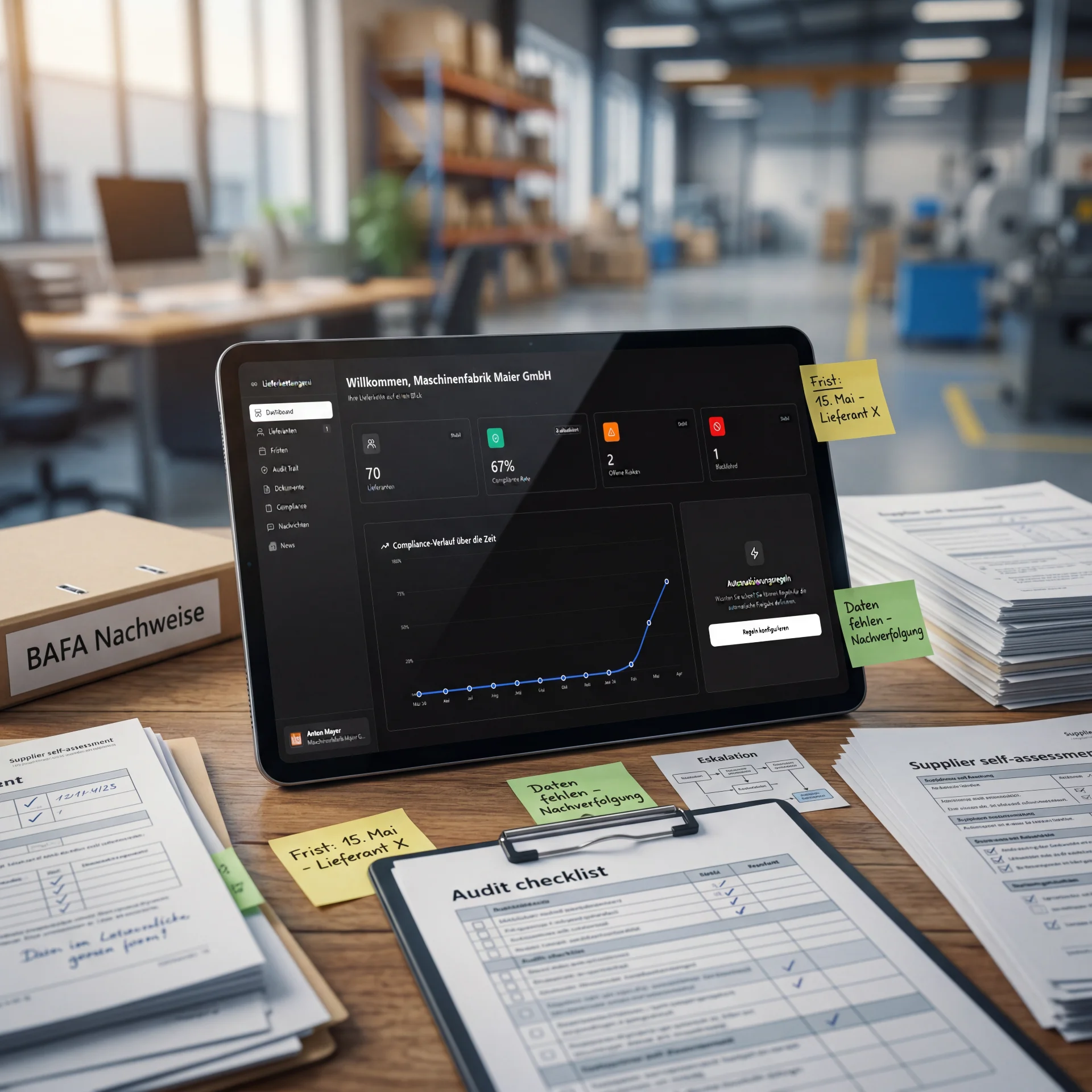 Tablet mit Lieferkettenguru-Dashboard auf Werkbank im Shopfloow.