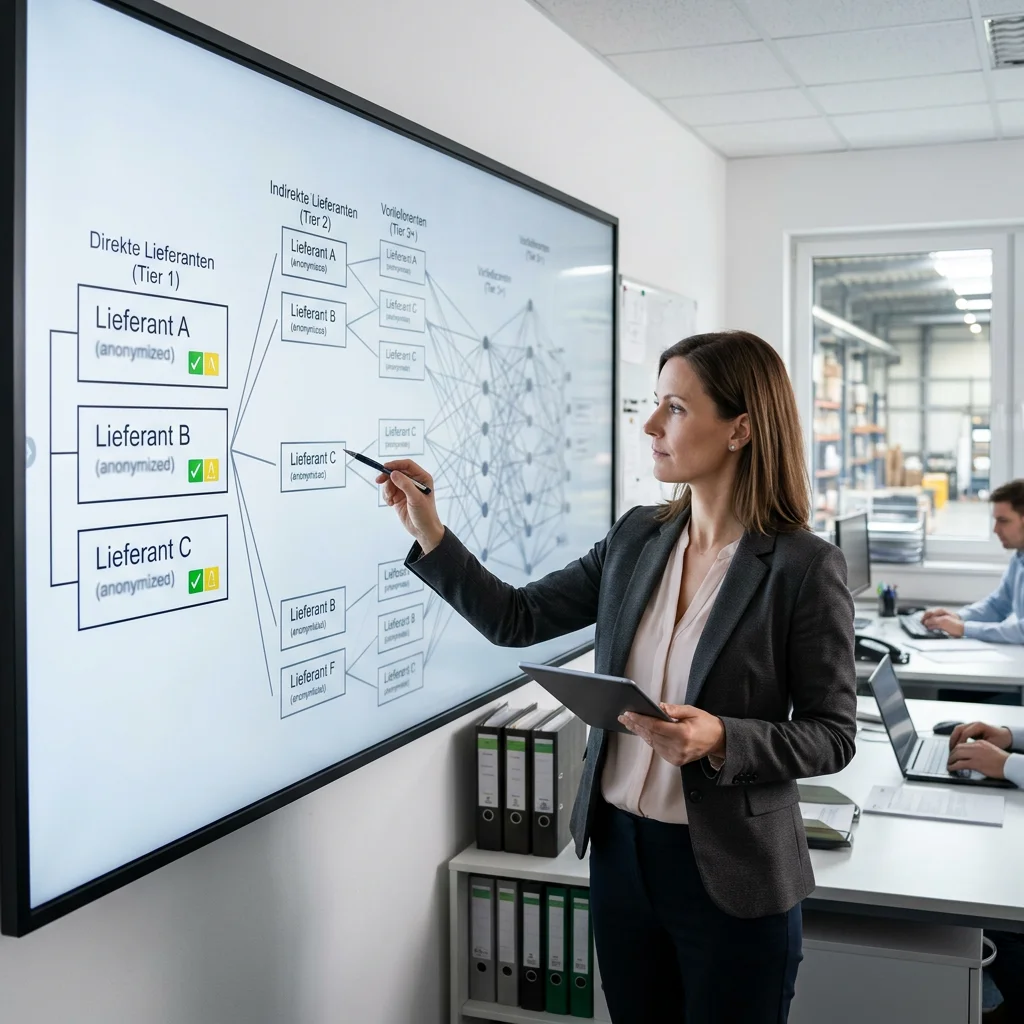 Managerin visualisiert Lieferkette mit direkten und indirekten Lieferanten für transparente Risikoanalyse, Compliance und Steuerung.
