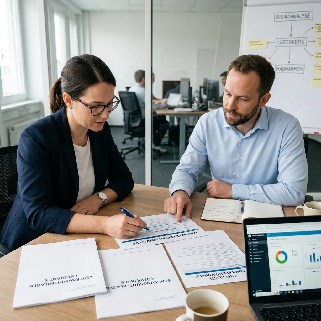 Fachkräfte planen Maßnahmen für Lieferkette, Risikoanalyse und Compliance zur Umsetzung nachhaltiger Sorgfaltspflichten im Unternehmen.