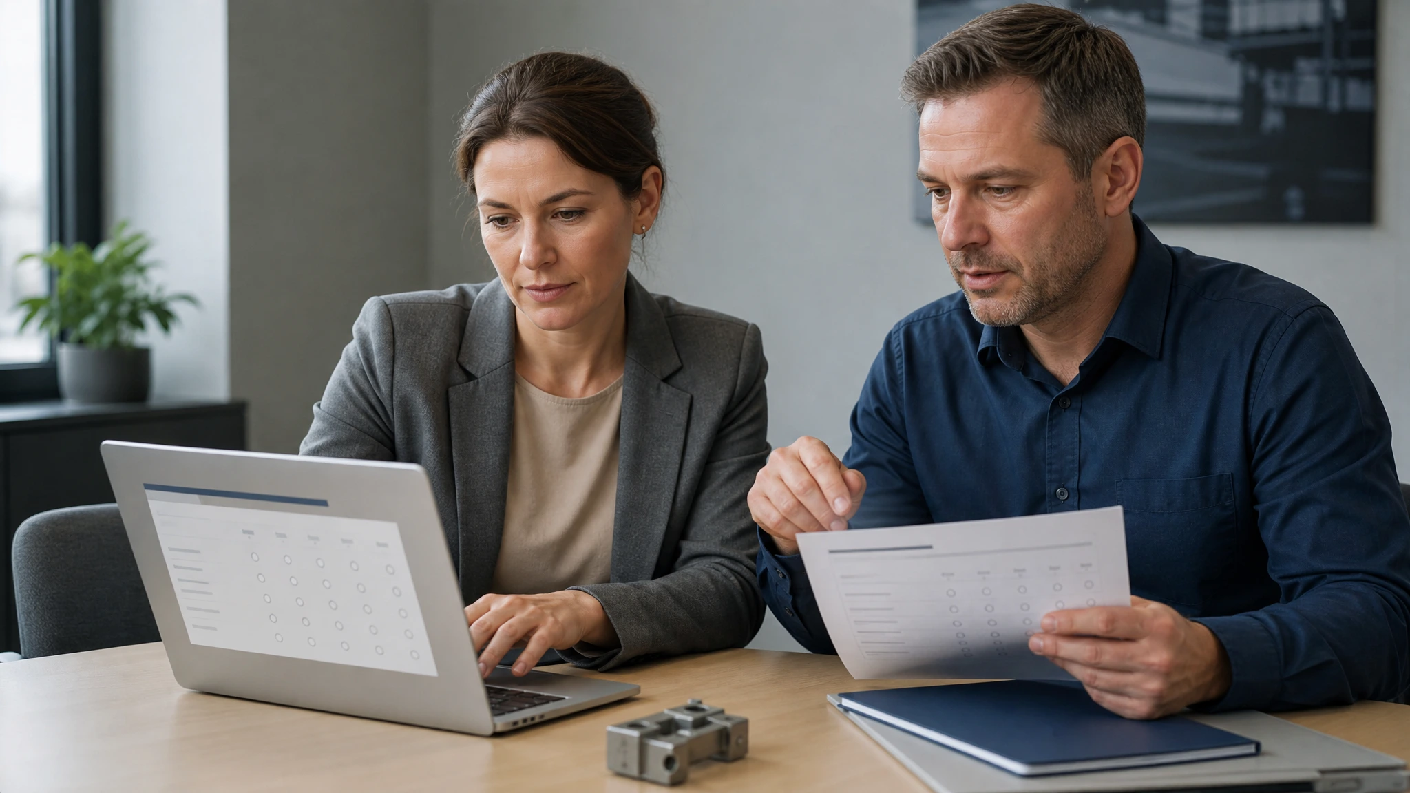 Mitarbeitende aus Einkauf und Qualitätsmanagement führen gemeinsam einen Lieferketten-Compliance-Check durch.