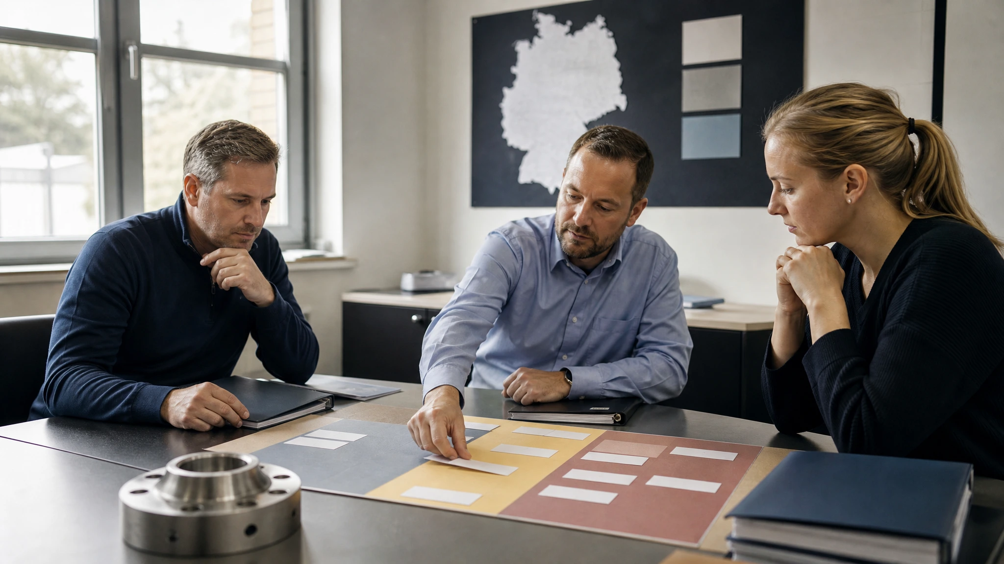 Team aus Einkauf, Qualität und Produktion bewertet Lieferantenrisiken nach festgelegten Kriterien.