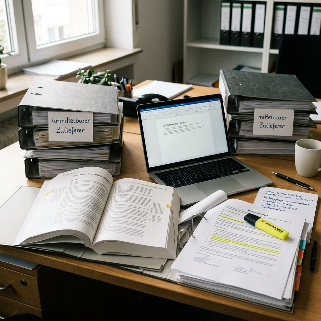 Schreibtisch mit Vertragsunterlagen und Notizen zu unmittelbaren und mittelbaren Zulieferern.