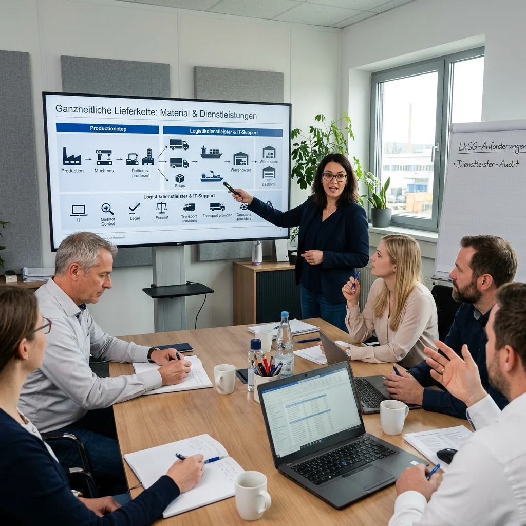 Team im Meeting betrachtet Lieferkette mit Materialfluss, Transport und Dienstleistungen.