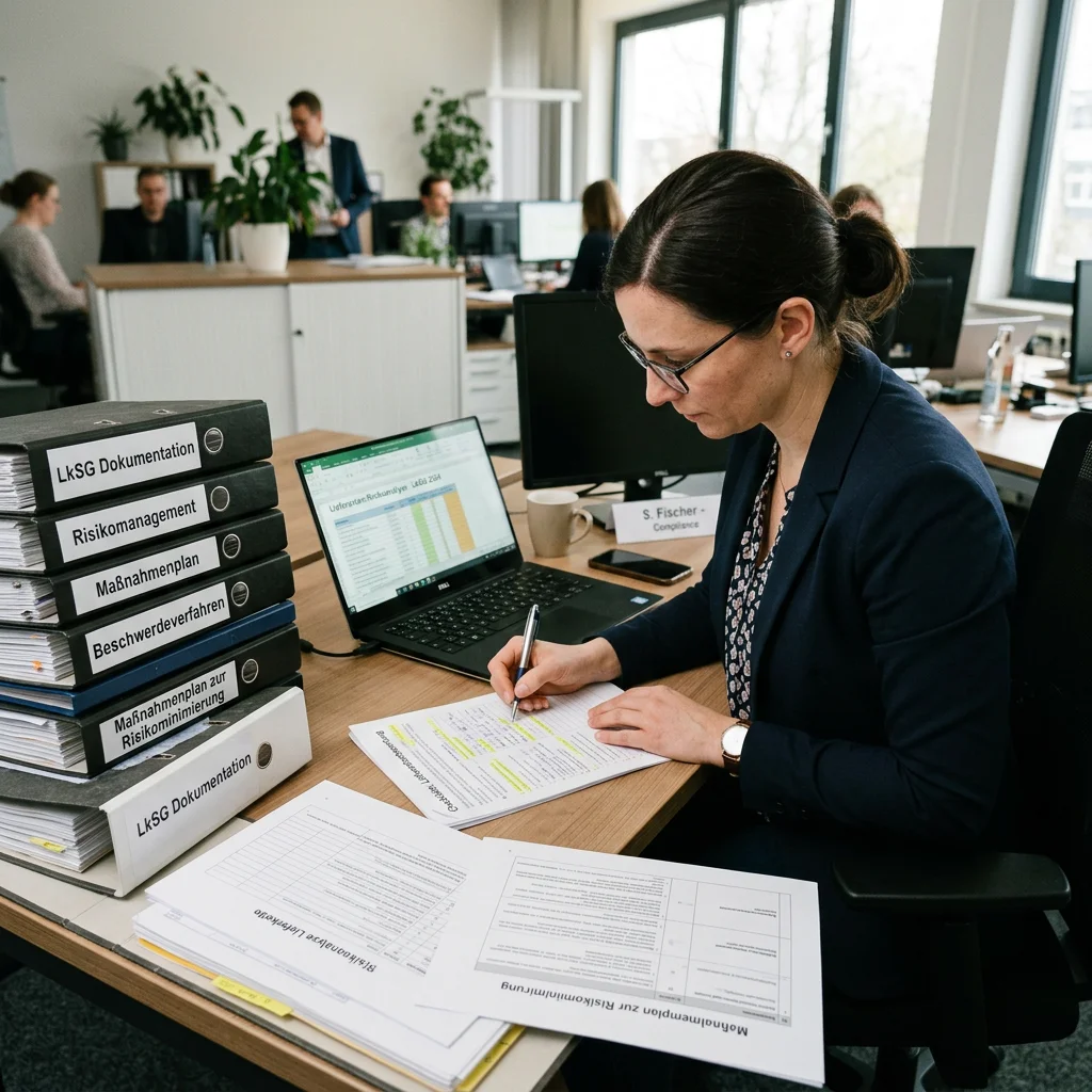 Compliance-Arbeitsplatz mit Risikoanalyse, Maßnahmenplan und Dokumentationsunterlagen.