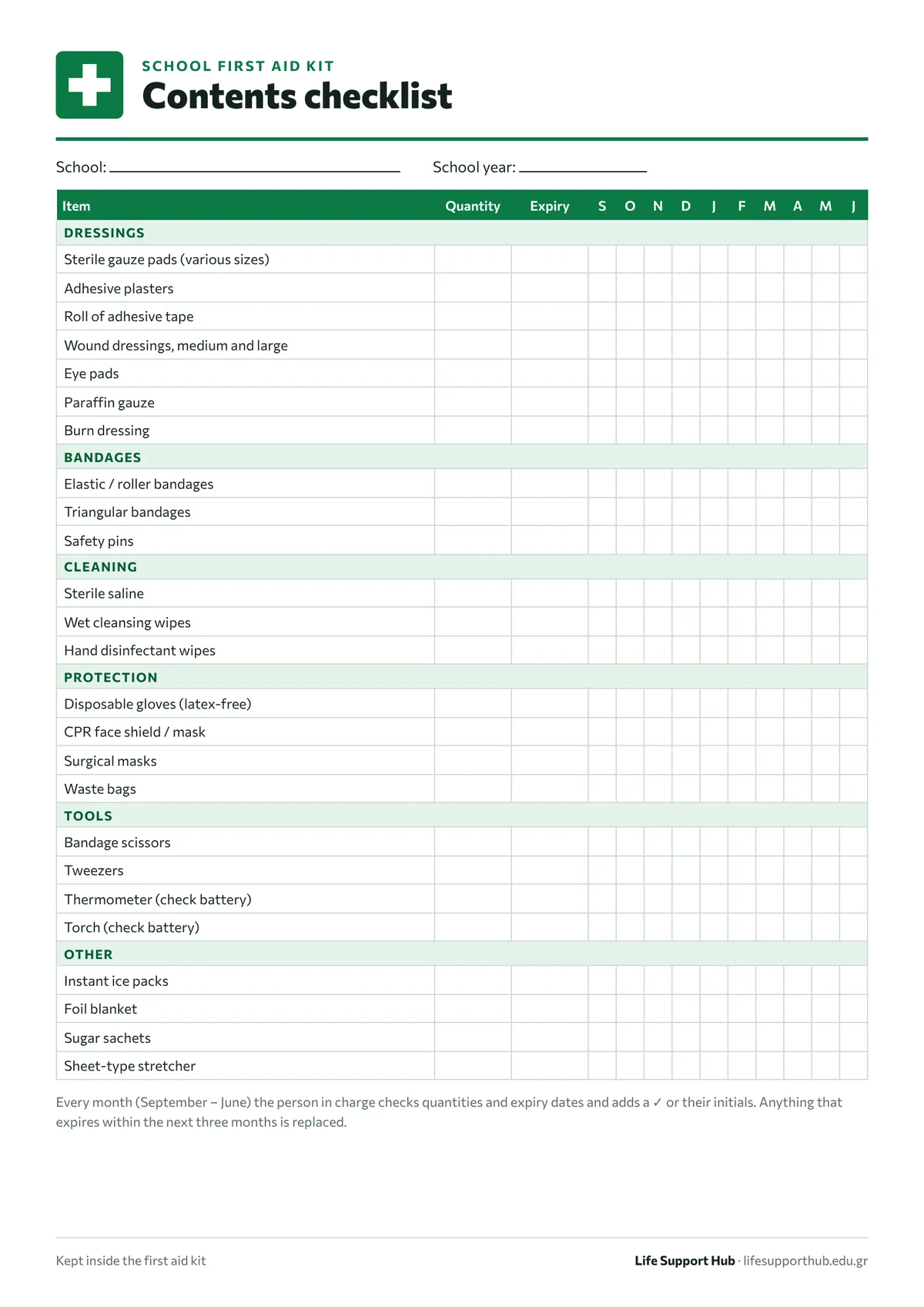 School first aid kit contents checklist with expiry dates