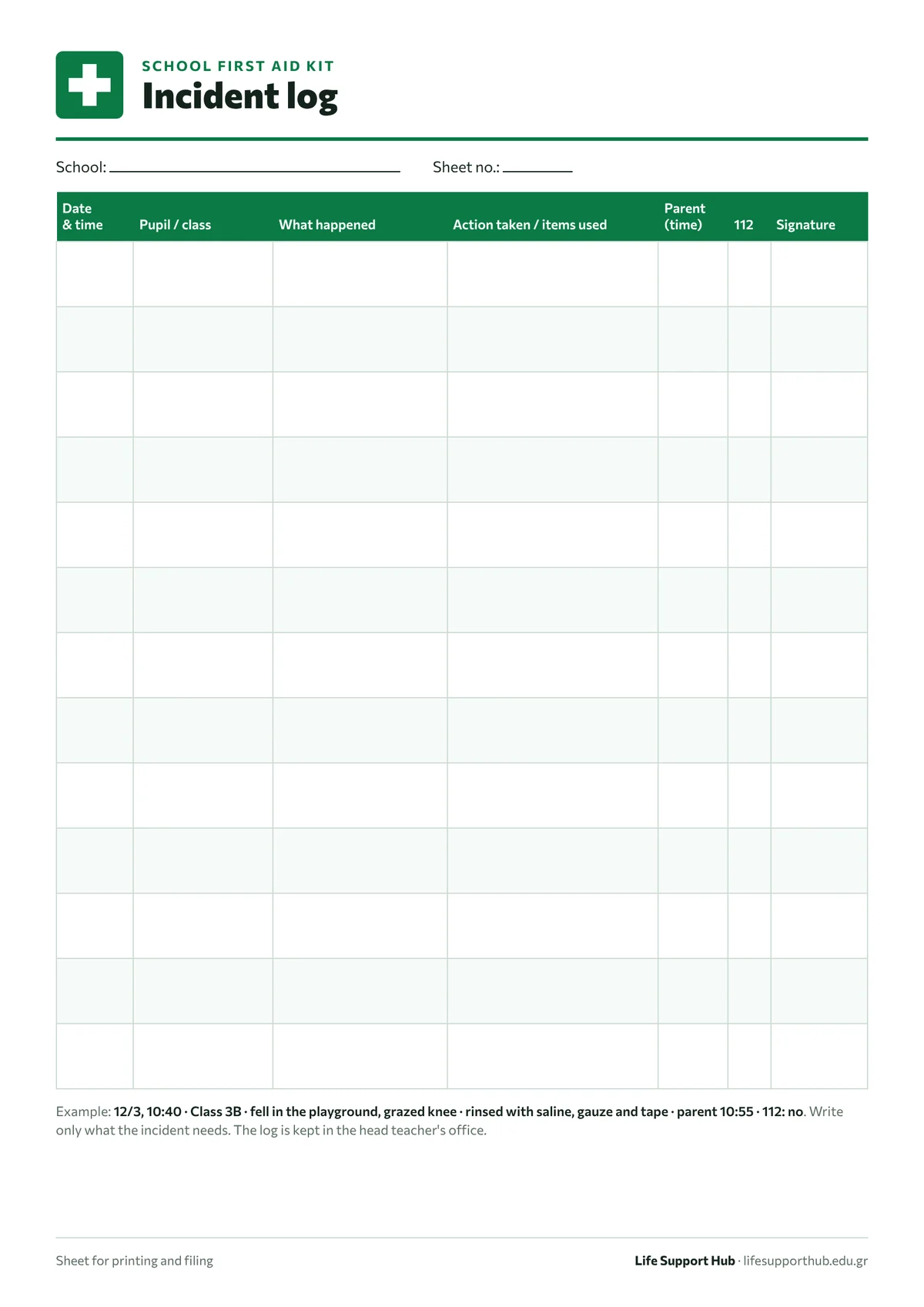 School first aid incident log