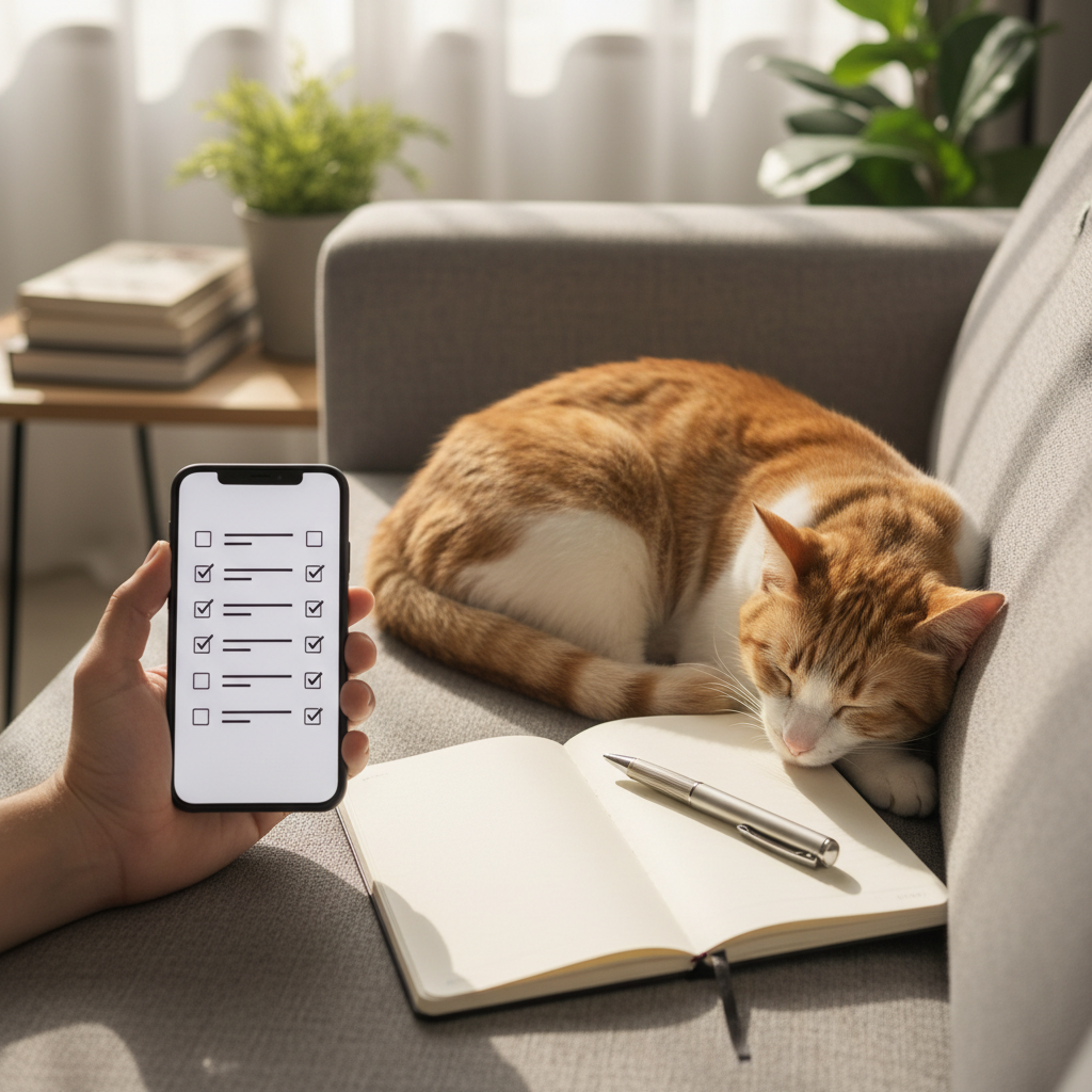 Cat owner noting symptoms on a phone beside a resting cat, tracking health changes